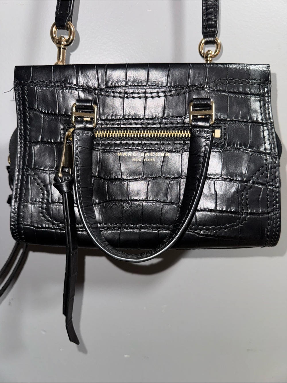Marc Jacobs Black Croc-Embossed Leather Mini Satchel with Gold Hardware